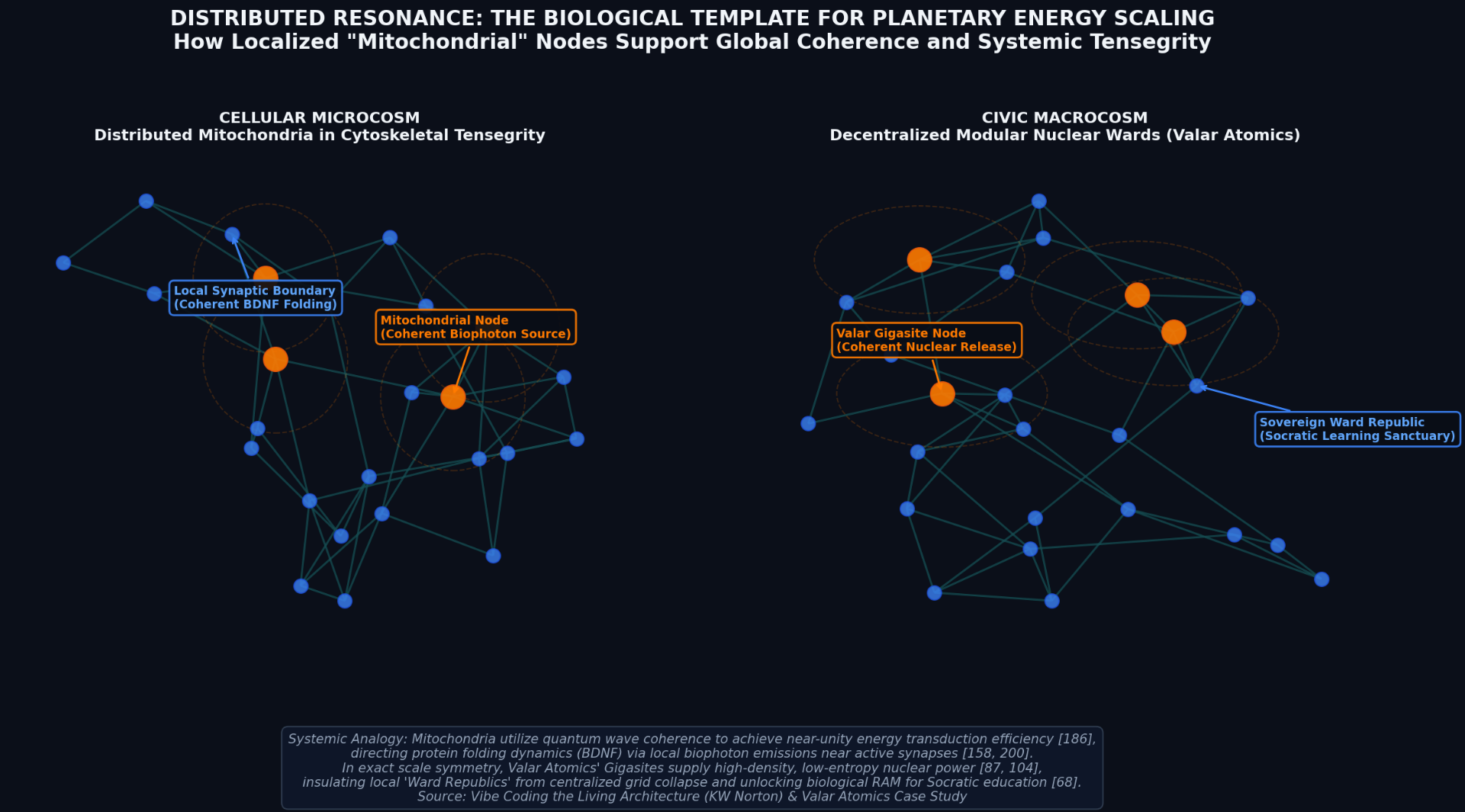 Distributed resonance: distributed mitochondria in cytoskeletal tensegrity mapped one-to-one onto decentralized modular nuclear wards (Valar Atomics).