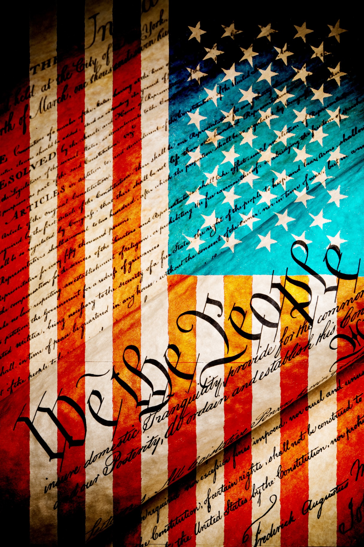 Weathered parchment of the U.S. Constitution overlaid with the American flag and the calligraphic phrase 'We the People'.